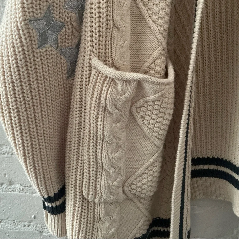 Altar’d State Oversized Cable Knit Cardigan Varsity Sweater Beige Star Patches - Picture 8 of 14